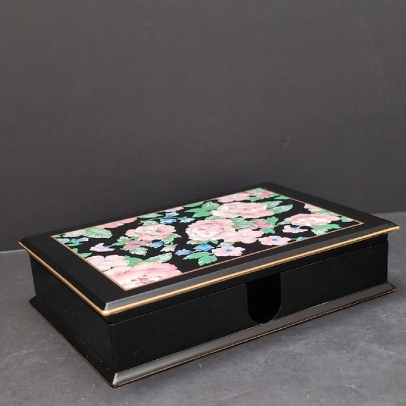 Otagiri Black Lacquered Jewelry/Trinket Box with Pink Florals. - Picture 1 of 11